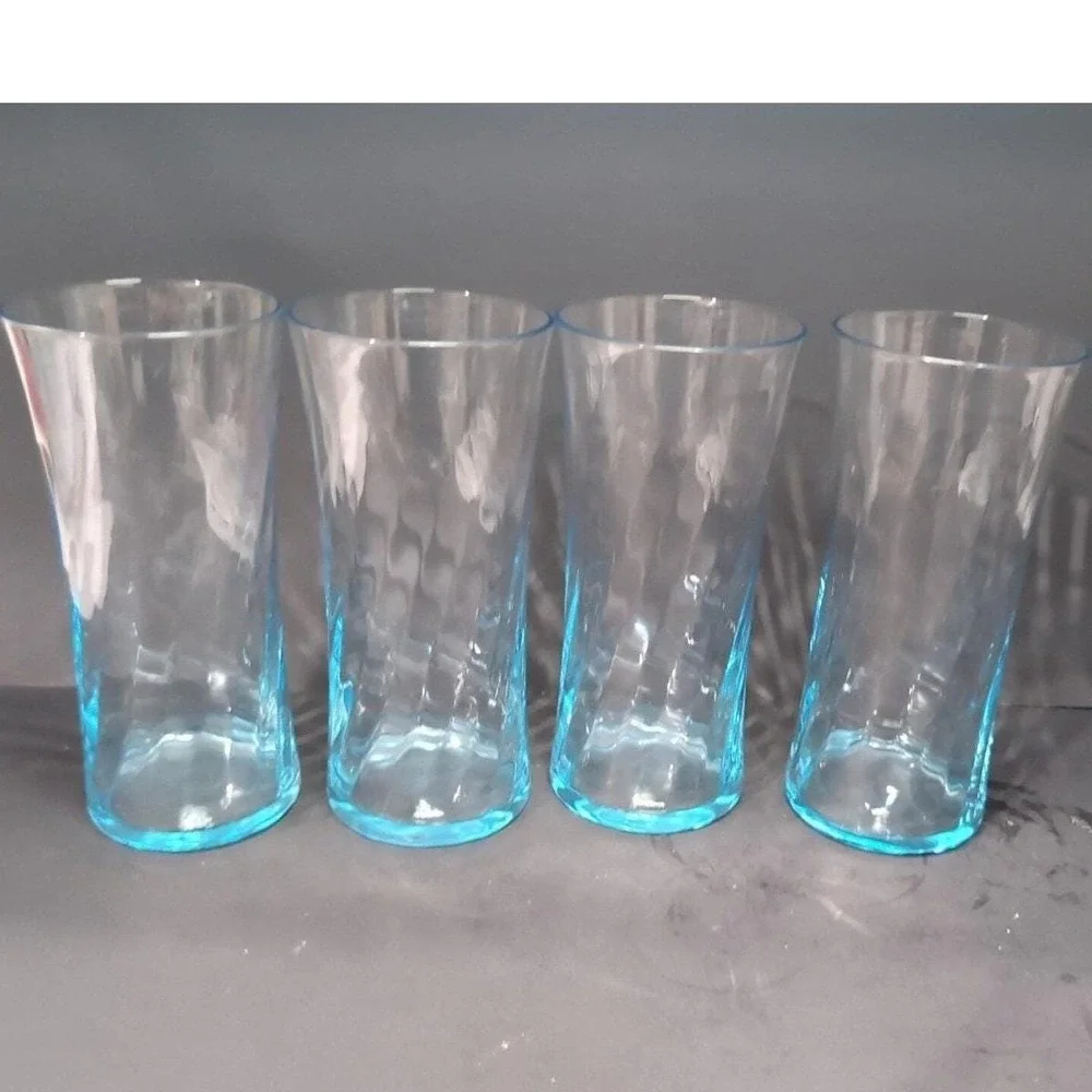 Wheaton‎ Blue Tint Highball Glasses, Set of 4, Vintage Optic Swirl Pressed Glass